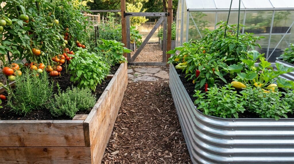 Cedar and galvanized metal raised garden beds side by side in a vegetable garden with herbs, tomatoes, and rich soil Cedar and galvanized metal raised garden beds side by side in a vegetable garden with herbs, tomatoes, and rich soil