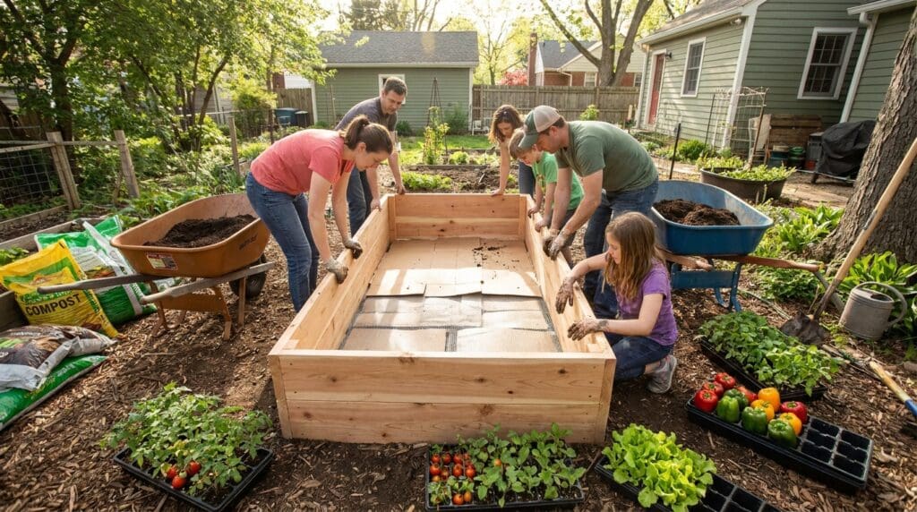 Open-bottom cedar raised garden bed with cardboard, hardware cloth, soil, and vegetables being prepared in a backyard garden Open-bottom cedar raised garden bed with cardboard, hardware cloth, soil, and vegetables being prepared in a backyard garden