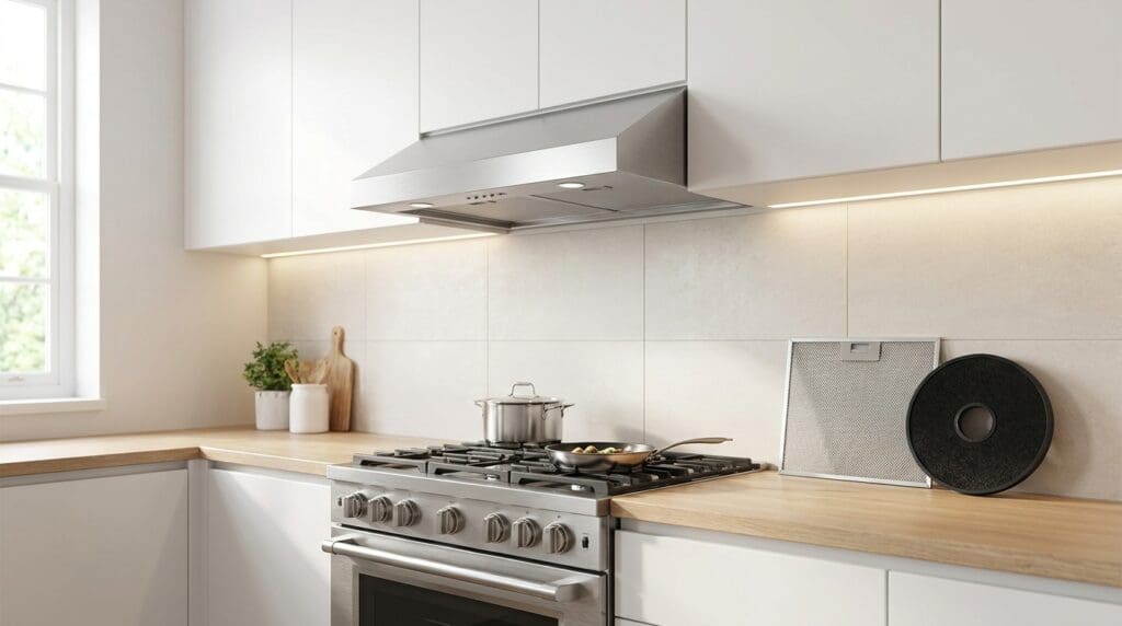 Ductless range hood with grease filter and charcoal filter above a kitchen stove Ductless range hood with grease filter and charcoal filter above a kitchen stove