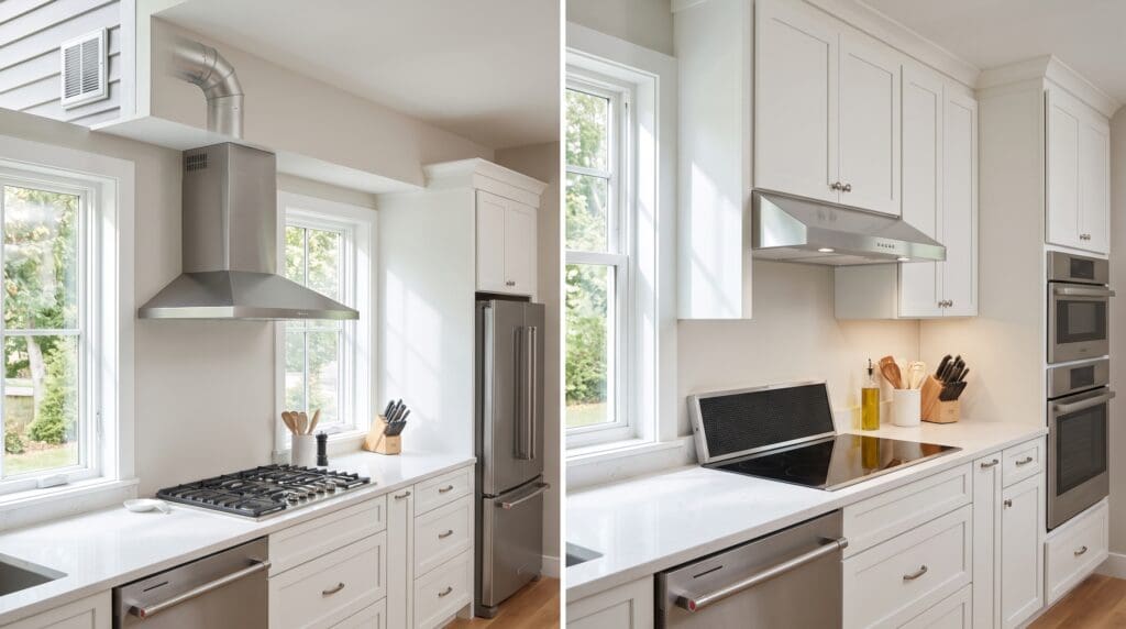 Side-by-side kitchen range hood comparison showing ducted venting and ductless recirculating filter setup Side-by-side kitchen range hood comparison showing ducted venting and ductless recirculating filter setup