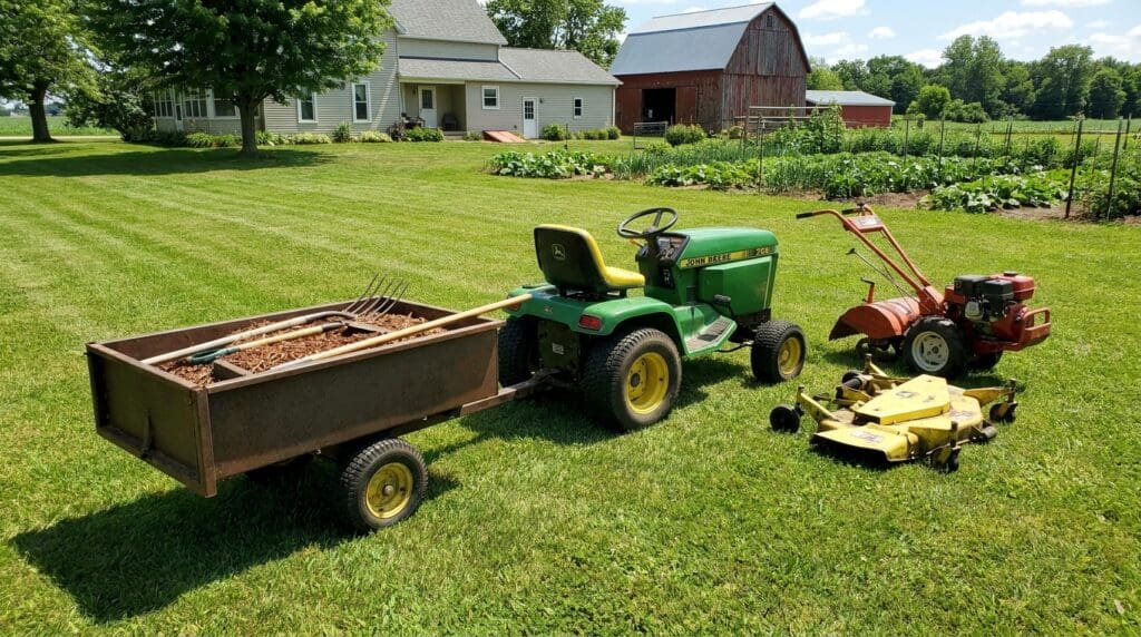 Garden tractor with tow-behind cart and lawn attachments on a large green backyard Garden tractor with tow-behind cart and lawn attachments on a large green backyard
