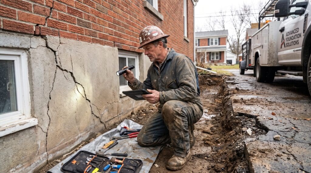 Foundation repair specialist inspecting cracks near the base of a house Foundation repair specialist inspecting cracks near the base of a house