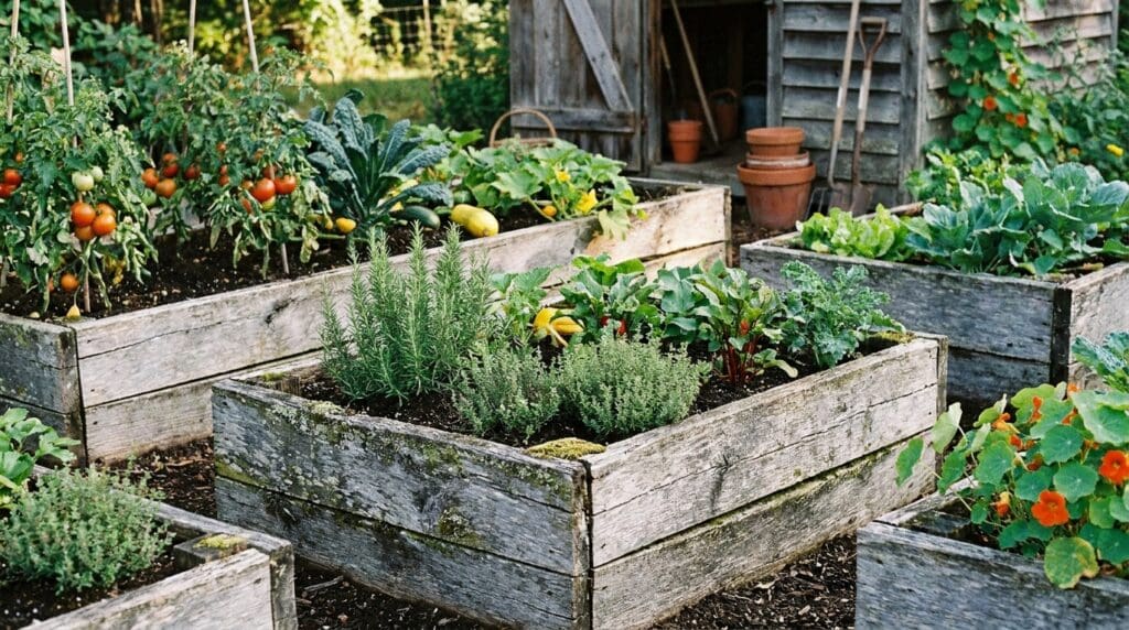 Weathered cedar raised garden beds in a vegetable garden showing aged wood, soil, herbs, and vegetables Weathered cedar raised garden beds in a vegetable garden showing aged wood, soil, herbs, and vegetables