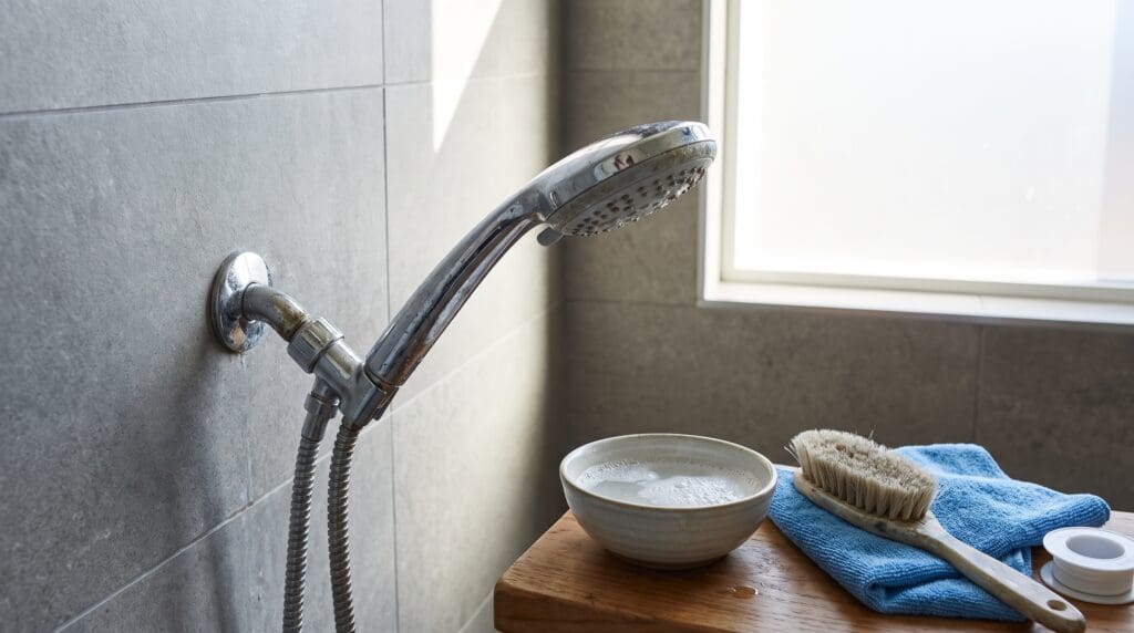 Cleaning a chrome shower head with mineral buildup in a modern bathroom Gardenfrontier Cleaning a chrome shower head with mineral buildup in a modern bathroom