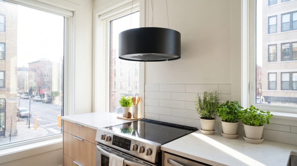 Modern ductless range hood installed above a stove in a bright apartment kitchen Modern ductless range hood installed above a stove in a bright apartment kitchen