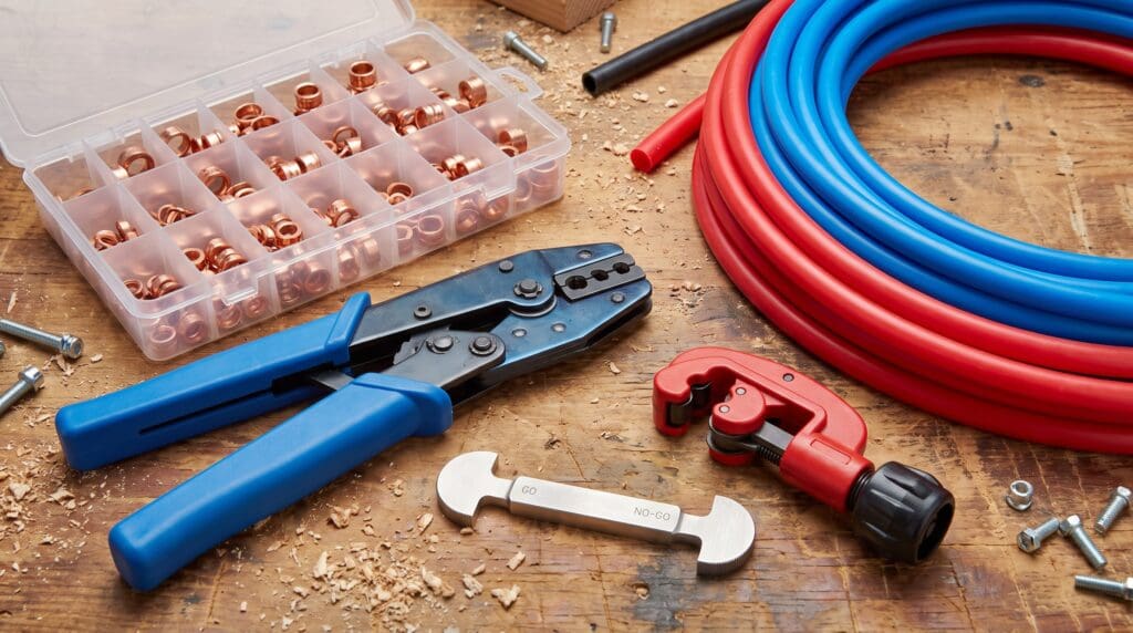 PEX crimp tool kit with copper crimp rings, cutter, gauge, and PEX pipe on a workbench PEX crimp tool kit with copper crimp rings, cutter, gauge, and PEX pipe on a workbench