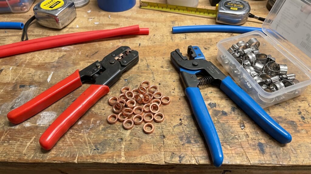 PEX crimp and clamp tools with copper crimp rings and stainless steel cinch clamps on a workbench PEX crimp and clamp tools with copper crimp rings and stainless steel cinch clamps on a workbench