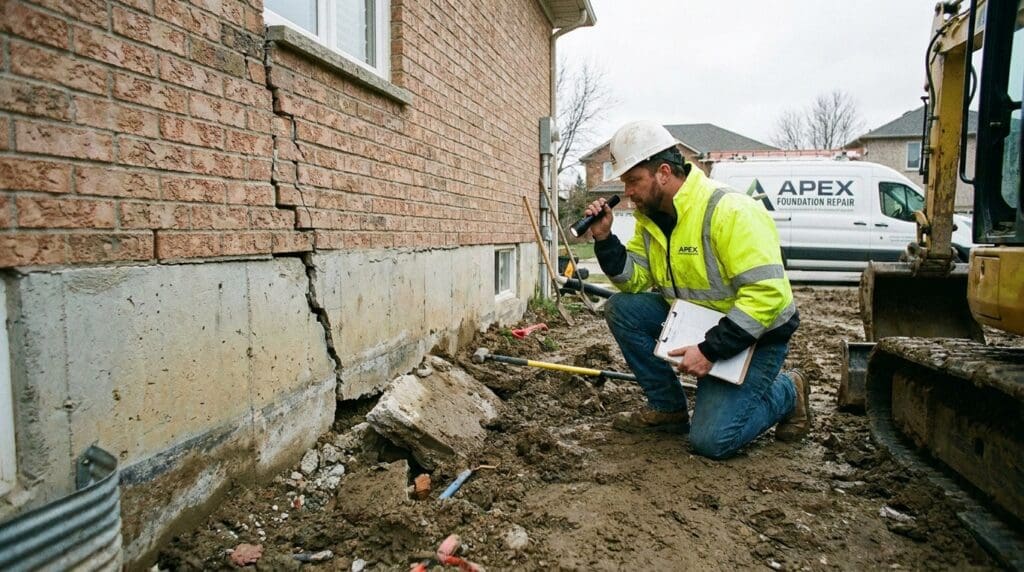 Foundation specialist inspecting a cracked sinking foundation near a house exterior Foundation specialist inspecting a cracked sinking foundation near a house exterior