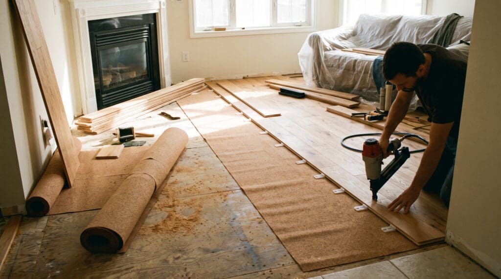 Tongue and groove wood flooring planks being installed with a flooring nailer, spacers, and underlayment in a living room renovation Tongue and groove wood flooring planks being installed with a flooring nailer, spacers, and underlayment in a living room renovation