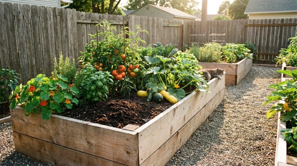 Untreated cedar raised garden bed filled with vegetables, herbs, compost, and rich soil in a sunny backyard Untreated cedar raised garden bed filled with vegetables, herbs, compost, and rich soil in a sunny backyard