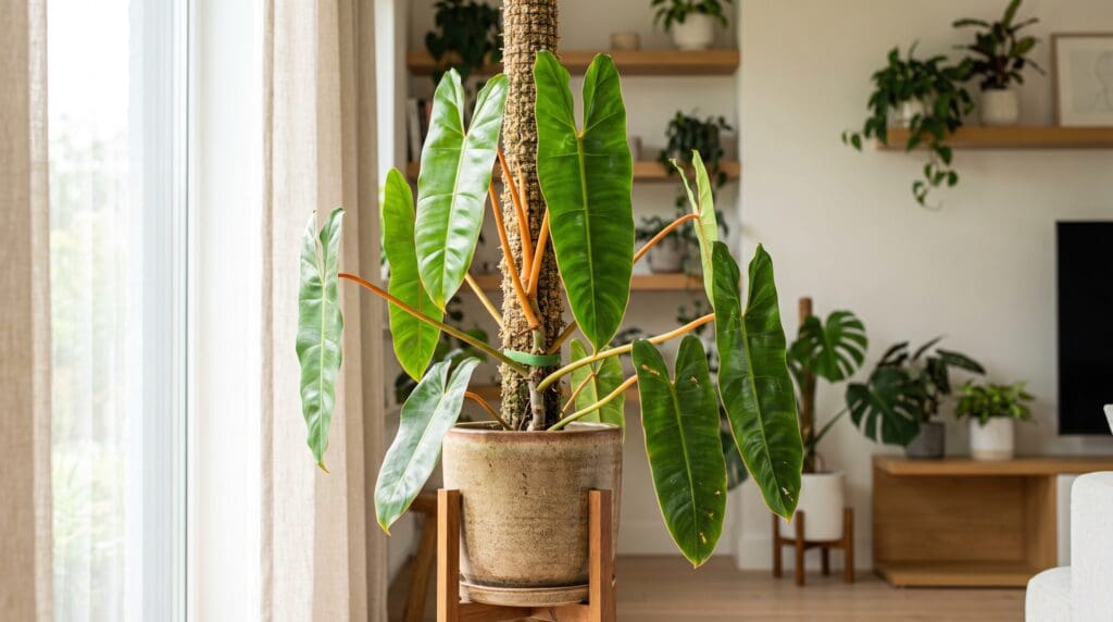 Philodendron billietiae plant with long green leaves and orange petioles growing indoors Gardenfrontier Philodendron billietiae plant with long green leaves and orange petioles growing indoors