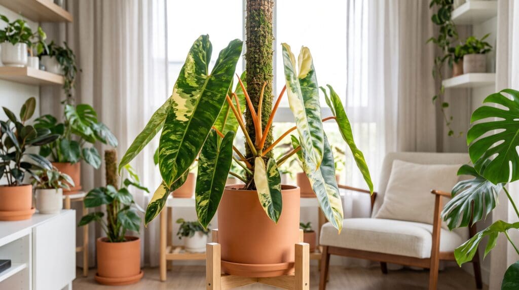 Variegated Philodendron billietiae with orange petioles growing indoors near a moss pole Gardenfrontier Variegated Philodendron billietiae with orange petioles growing indoors near a moss pole